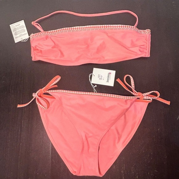 Lemlem Lena Bikini Swim Set Bandeau Halter Top (XL) & Tie Side Bottoms (L) Coral - Picture 2 of 15